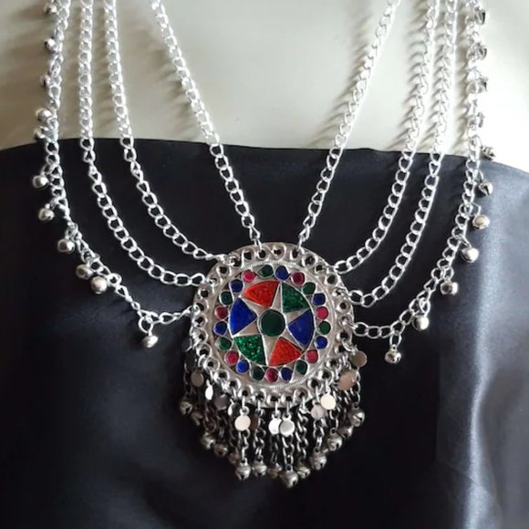 Ethnic Multilayers Bib Necklace, Tribal Silver Bib Necklace, Kuchi Boho Jewelry - Picture 1 of 5